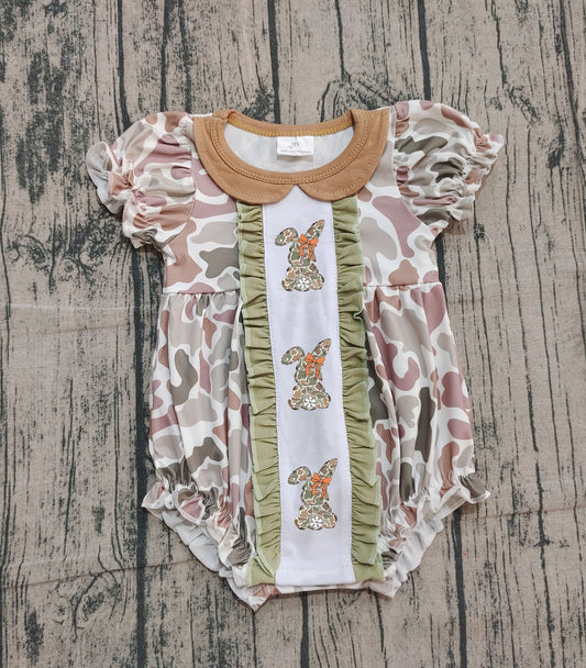 ( Moq 5 ) Preorder Girls Infant Short Sleeves Embroidery Rabbits Bows Camo Easter Bubble Romper