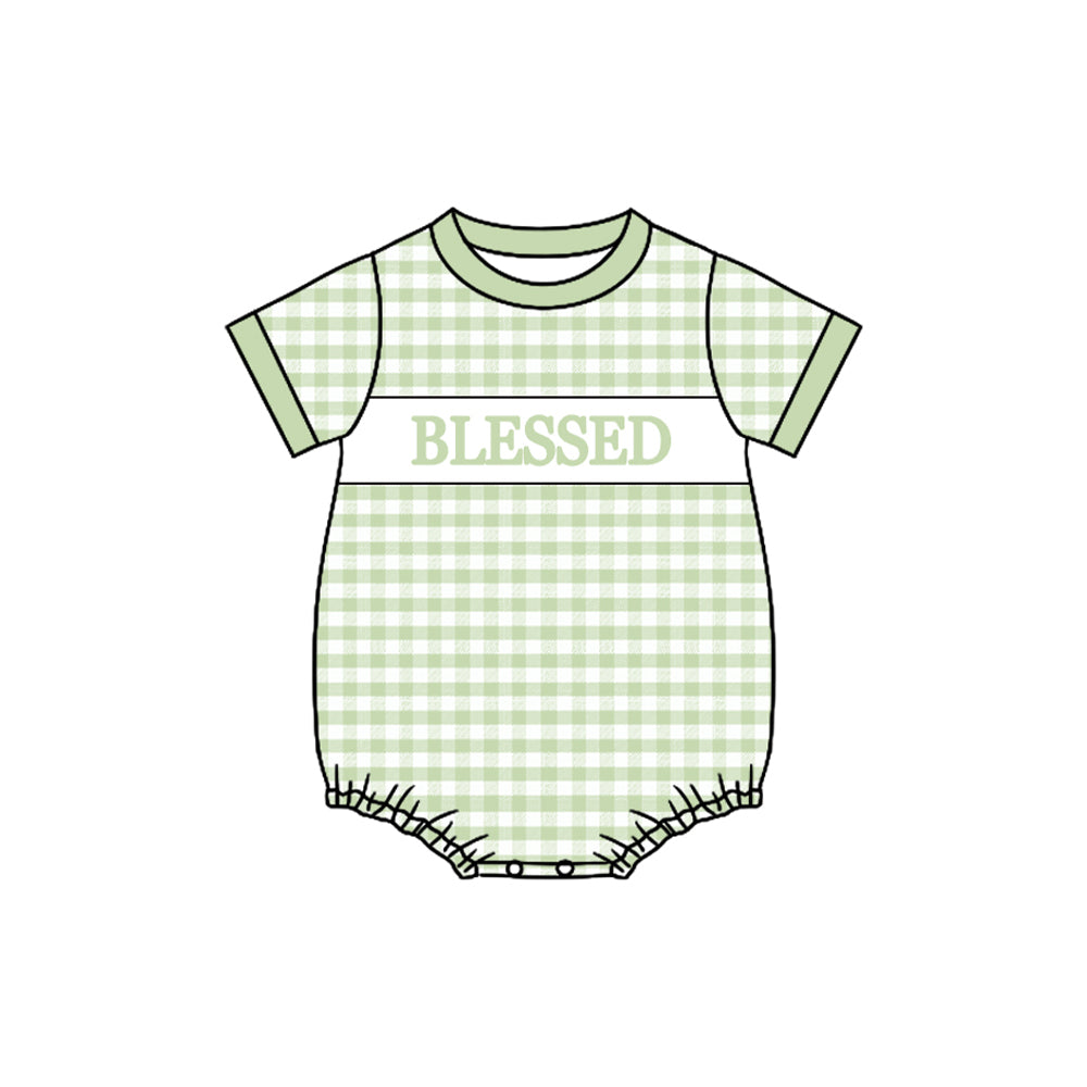 ( Moq 5 ) Preorder Boys Infant Short Sleeves Blessed Green Plaid Bubble Romper