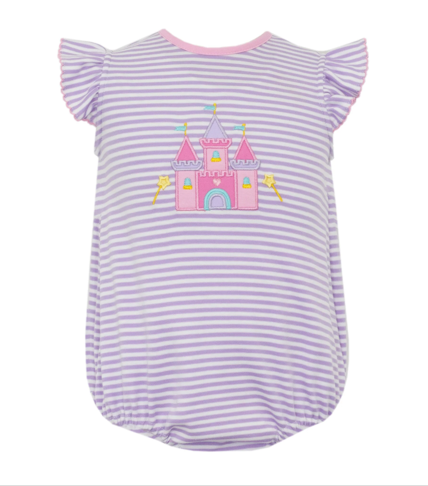 (Moq 5 ) Preorder Girls Kids Short Sleeves Castle Purple Stripes Bubble Romper
