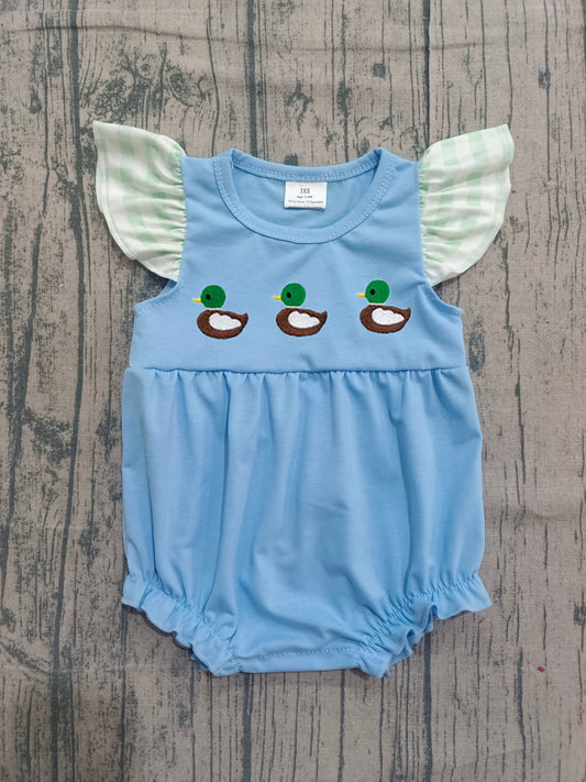 ( No moq ) Preorder Girls Kids Short Sleeves Embroidery Ducks Blue Bubble Romper