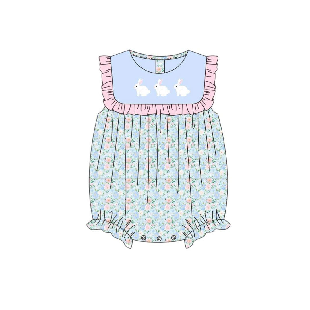( Moq 5 ) Preorder Baby Girls Rabbits Floral Easter Ruffle Bubble Romper