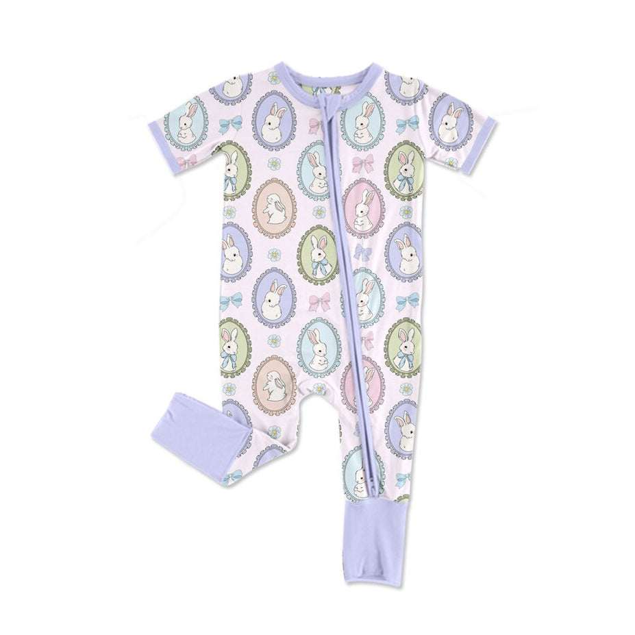 ( Moq 5 ) Preorder Girls Kids Short Sleeves Rabbits Flower Bows Easter Zipper Romper