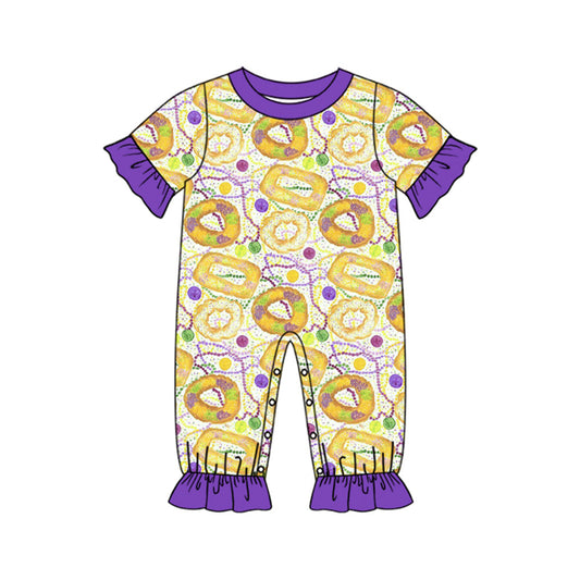 ( Moq 5 ) Preorder Girls Kids Short Sleeves Donuts Mardi Gras Romper