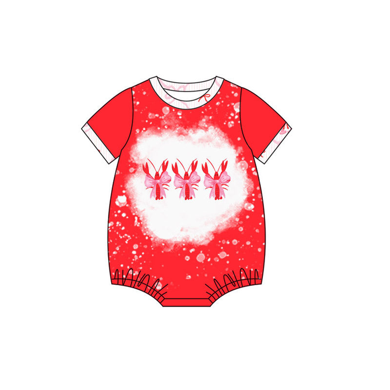( Moq 5 ) Preorder Girls Kids Red Short Sleeves Crawfish Bows Bubble Romper
