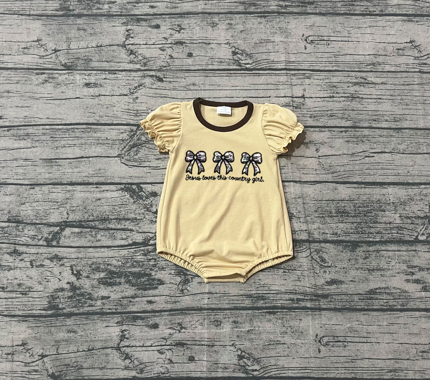 ( No moq ) Preorder Girls Kids Embroidery Jesus Love Me Camo Bows Bubble Romper