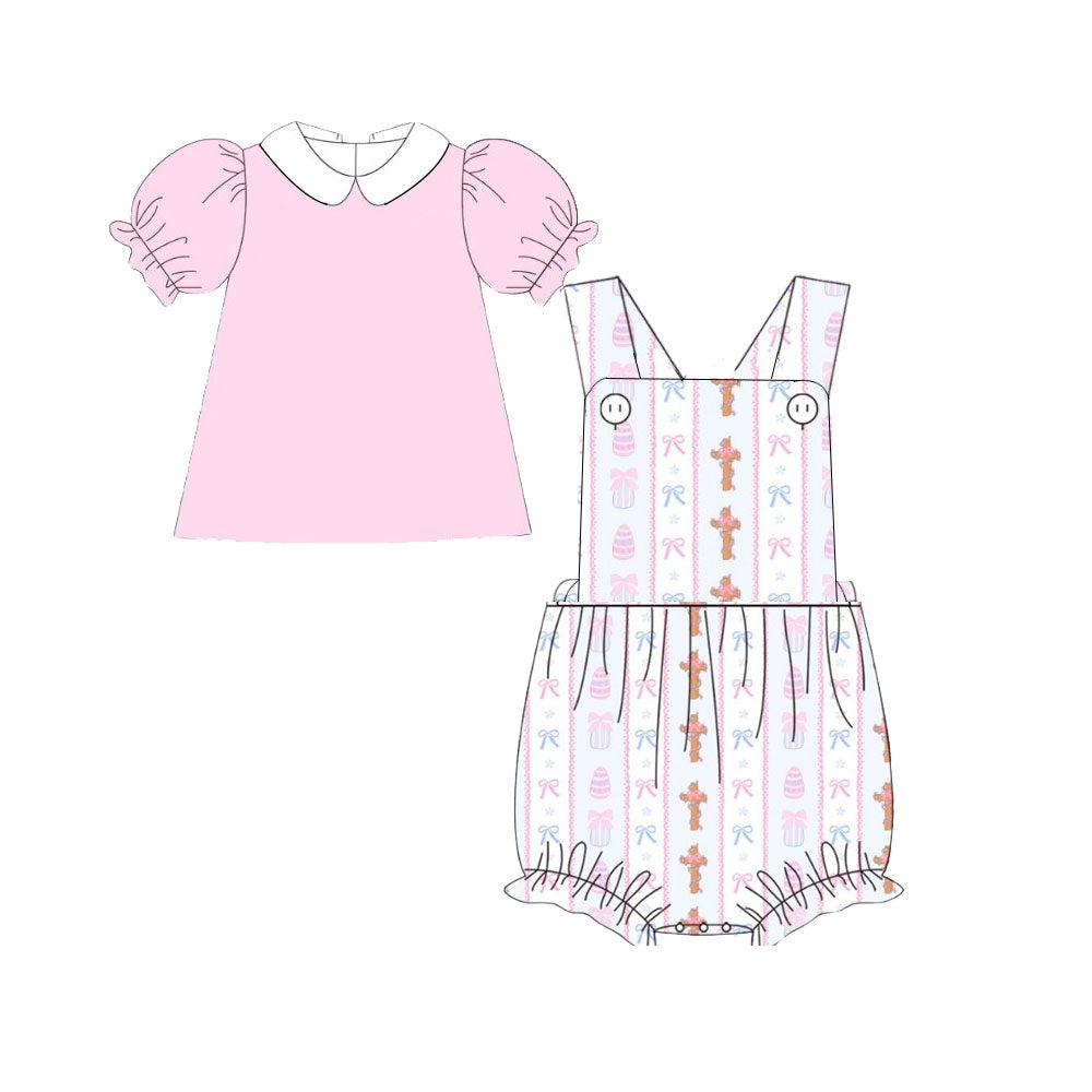 ( Moq 5 ) Preorder Girls Kids Pink Short Sleeves Shirt Cross Eggs Bows Romper Easter Set