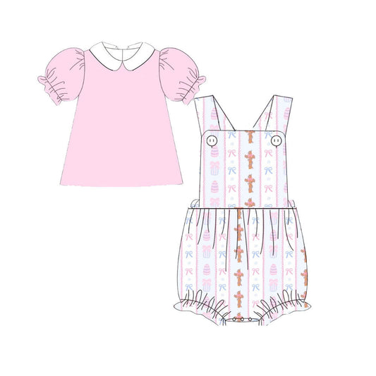 ( Moq 5 ) Preorder Girls Kids Pink Short Sleeves Shirt Cross Eggs Bows Romper Easter Set