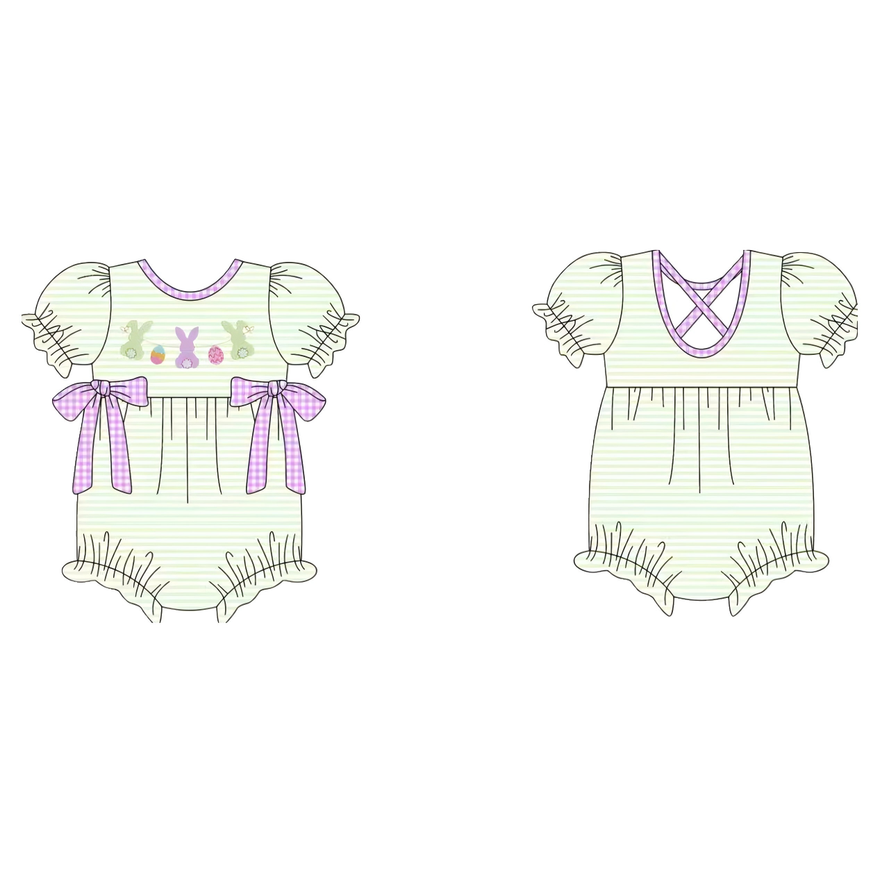 ( Moq 5 ) Preorder Girls Kids Short Sleeves Rabbits Eggs Bows Stripes Easter Romper