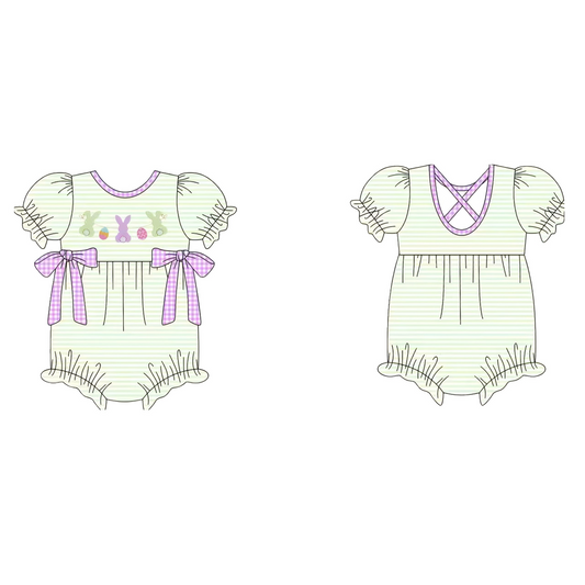 ( Moq 5 ) Preorder Girls Kids Short Sleeves Rabbits Eggs Bows Stripes Easter Romper