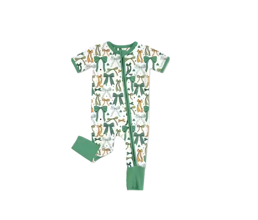 ( Moq 5 ) Preorder Girls Infant Short Sleeves Bows St. Patrick's Day Green Zipper Sleeper Romper