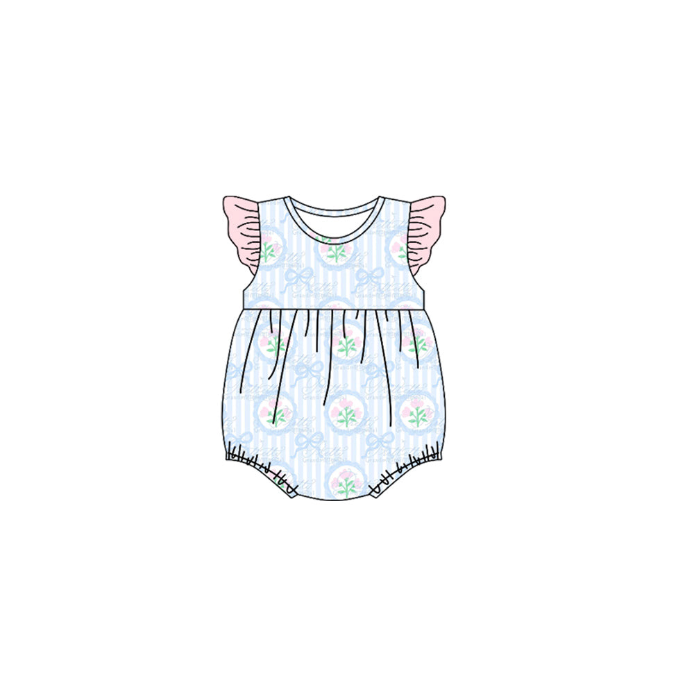 ( Moq 5 ) Preorder Girls Infant Short Sleeves Flower Bows Stripes Bubble Romper