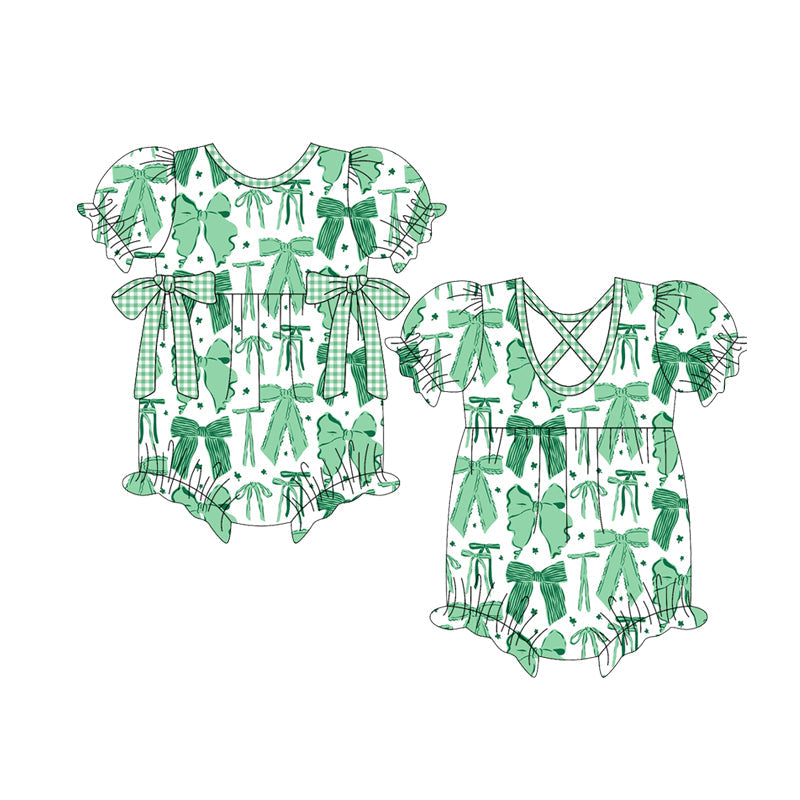 ( Moq 5 ) Preorder Baby Girls Infant Green Bows St Patrick Bubble Romper