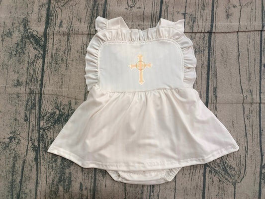 ( No moq ) Preorder Baby Girls Infant Straps Embroidery Cross Easter Bubble Romper