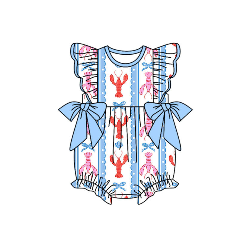 ( Moq 5 ) Prorder Baby Girls Short Sleeves Blue Bows Crawfish Summer Bubble Romper