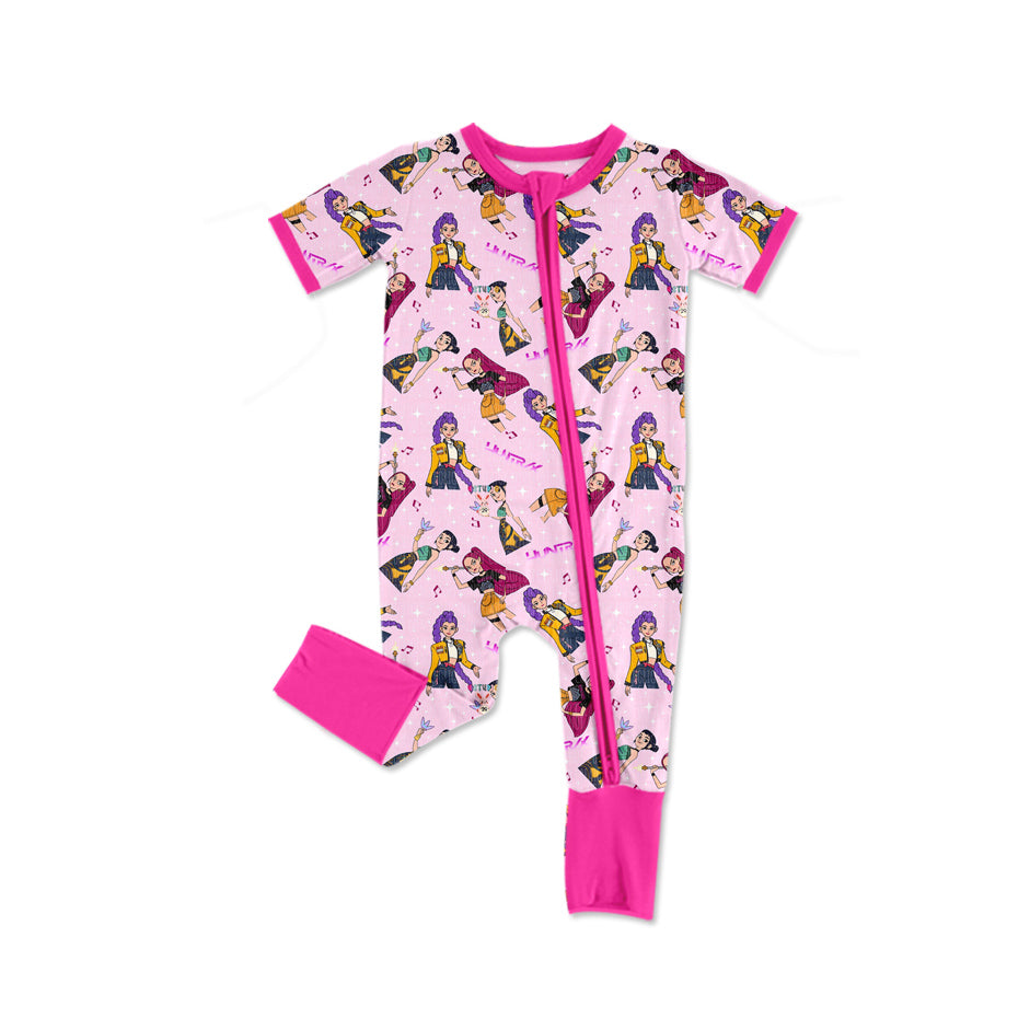 ( Moq 5 ) Prorder Baby Girls Short Sleeves Music Character Pink Zipper Romper