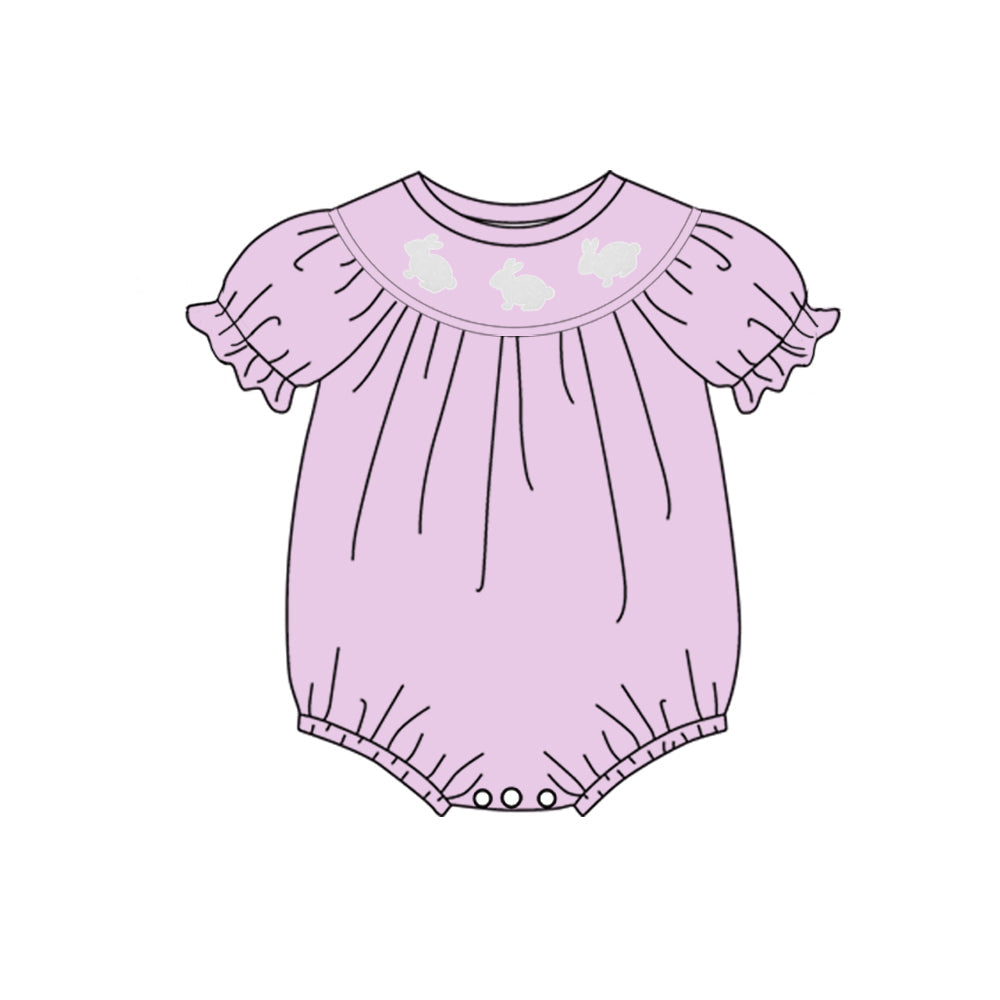 ( Moq 5 ) Preorder Baby Girls Short Sleeves Rabbits Easter Purple Bubble Romper