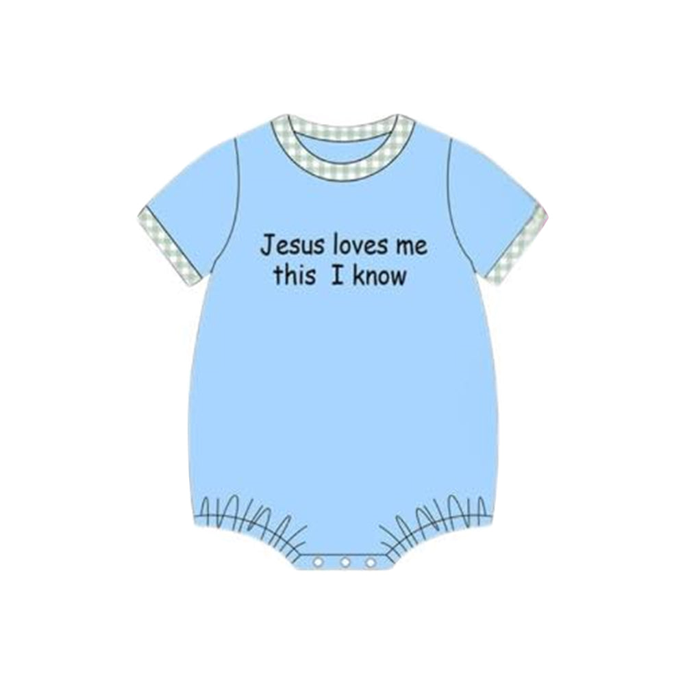 ( Moq 5 ) Preorder Baby Boys Short Sleeves Jesus Love Me Blue Bubble Romper