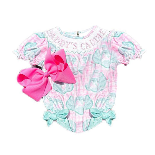 ( Moq 5 ) Preorder Baby Girls Short Sleeves Daddy's Caddie Golf Bows Plaid Bubble Romper