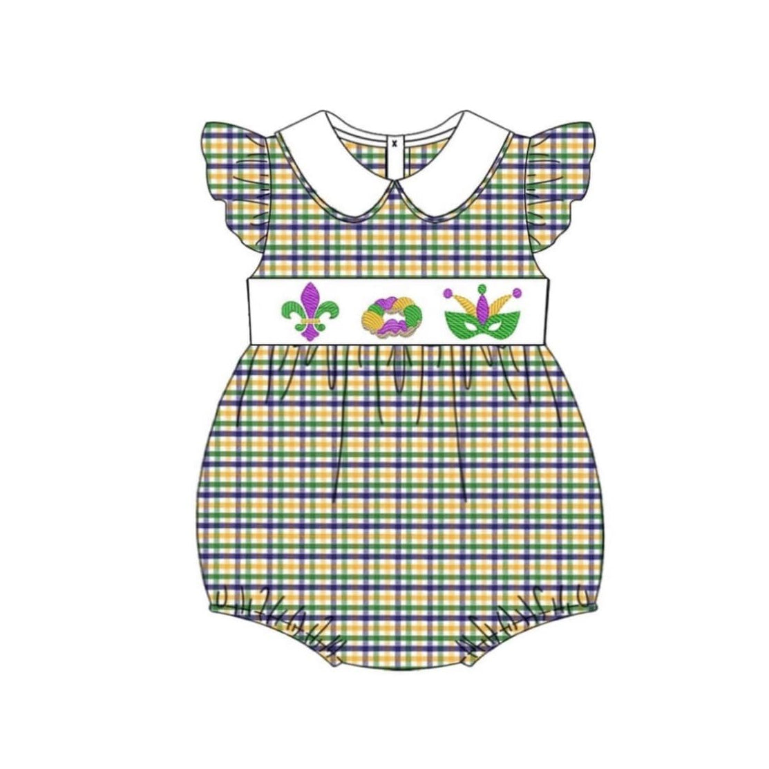 ( Moq 5 ) Preorder Baby Girls Mardi Gras Anchors Donuts Masks Plaid Bubble Romper