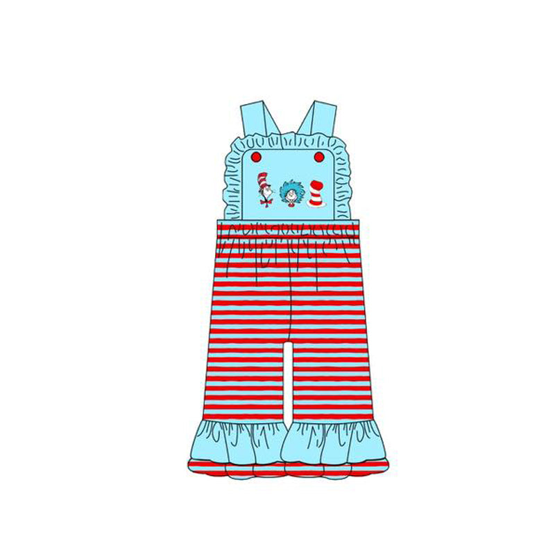 ( Moq 5 ) Preorder Baby Girls Sleeveless Reading Stripes Ruffle Pants Jumpsuit
