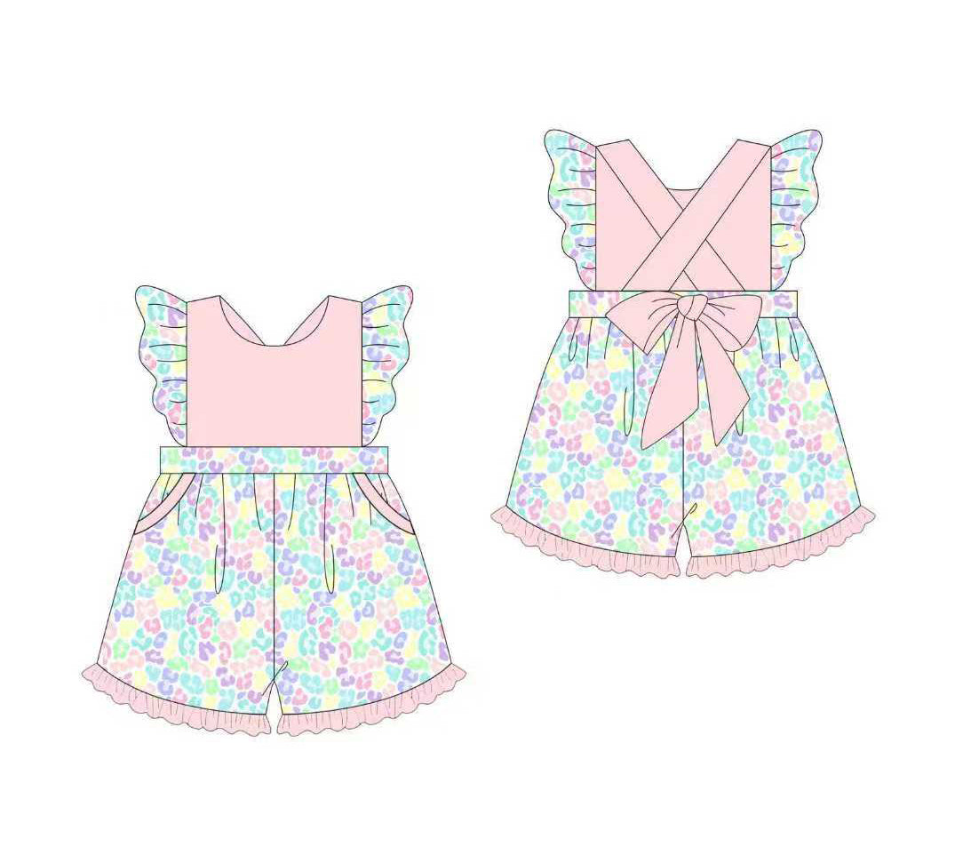 ( Moq 5 ) Preorder Baby Girls Leopard Bows Pockets Shorts Jumpsuit