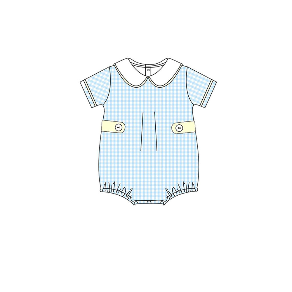 ( Moq 5 ) Preorder Baby Boys Blue Plaid Bubble Summer Romper