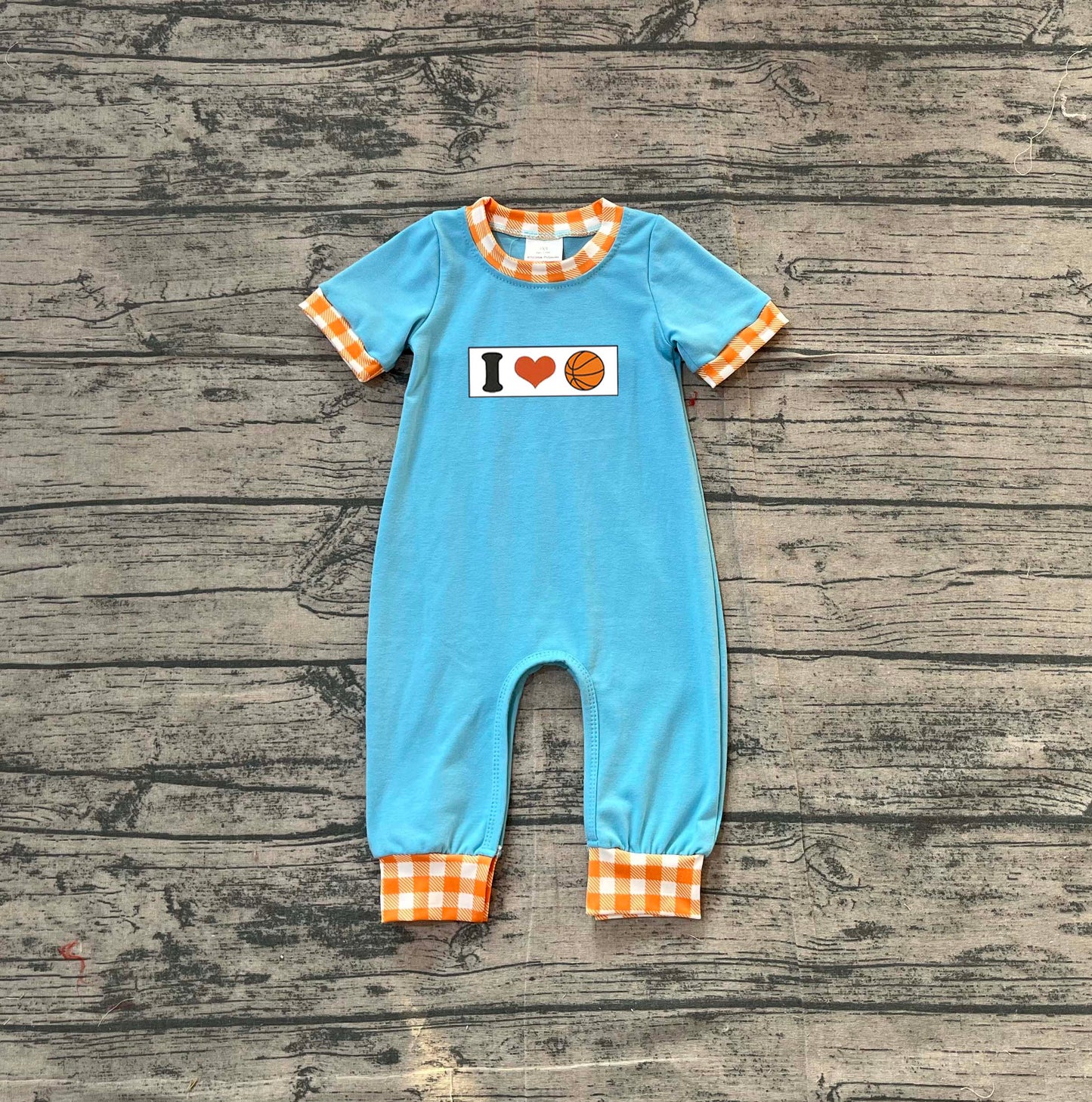 ( No moq ) Preorder Baby Boys Short Sleeves Embroidery I Love Basketball Blue Romper