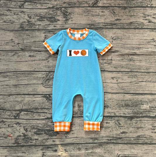 ( No moq ) Preorder Baby Boys Short Sleeves Embroidery I Love Basketball Blue Romper