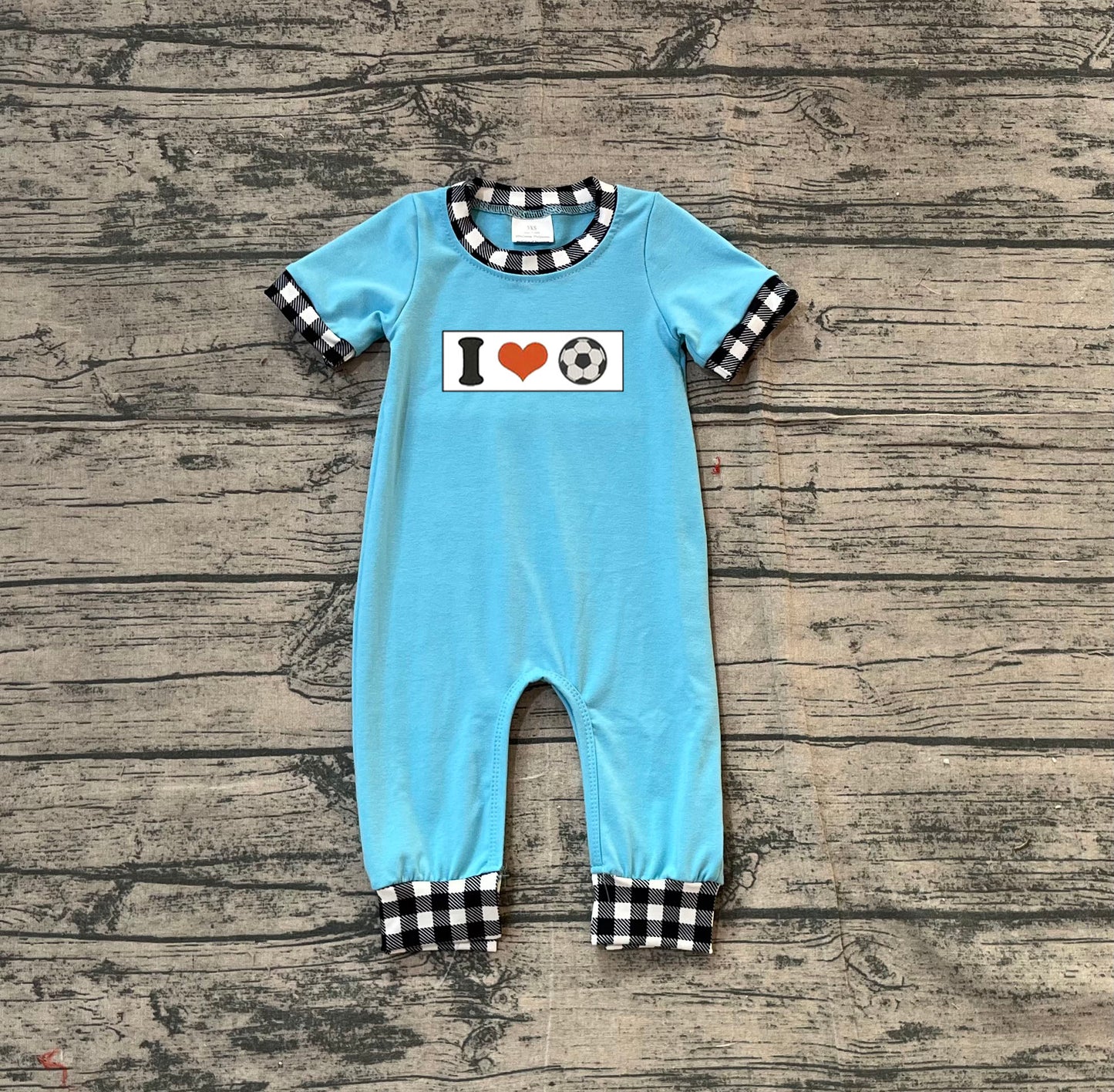 ( No moq ) Preorder Baby Boys Short Sleeves Embroidery I Love Soccer Blue Romper