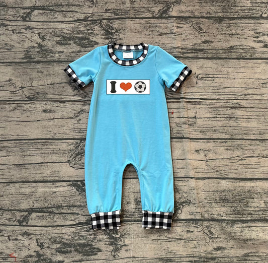 ( No moq ) Preorder Baby Boys Short Sleeves Embroidery I Love Soccer Blue Romper