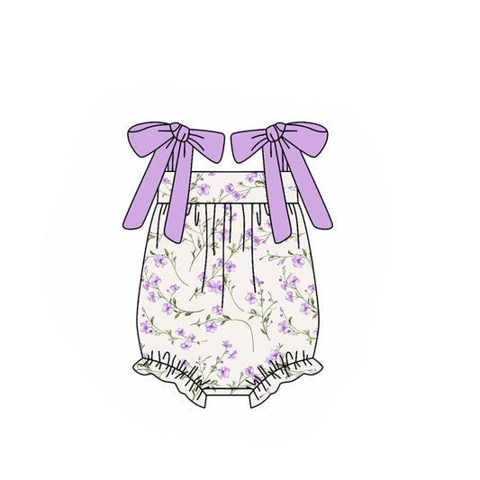 ( Moq 5 ) Preorder Baby Girls Purple Bows Strap Floral Summer Bubble Romper