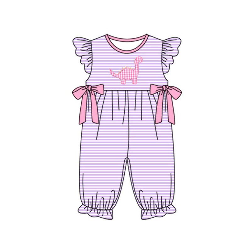 ( Moq 5 ) Preorder Baby Girls Short Sleeves Dinosaurs Stripes Bows Romper