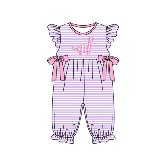 ( Moq 5 ) Preorder Baby Girls Short Sleeves Dinosaurs Stripes Bows Romper