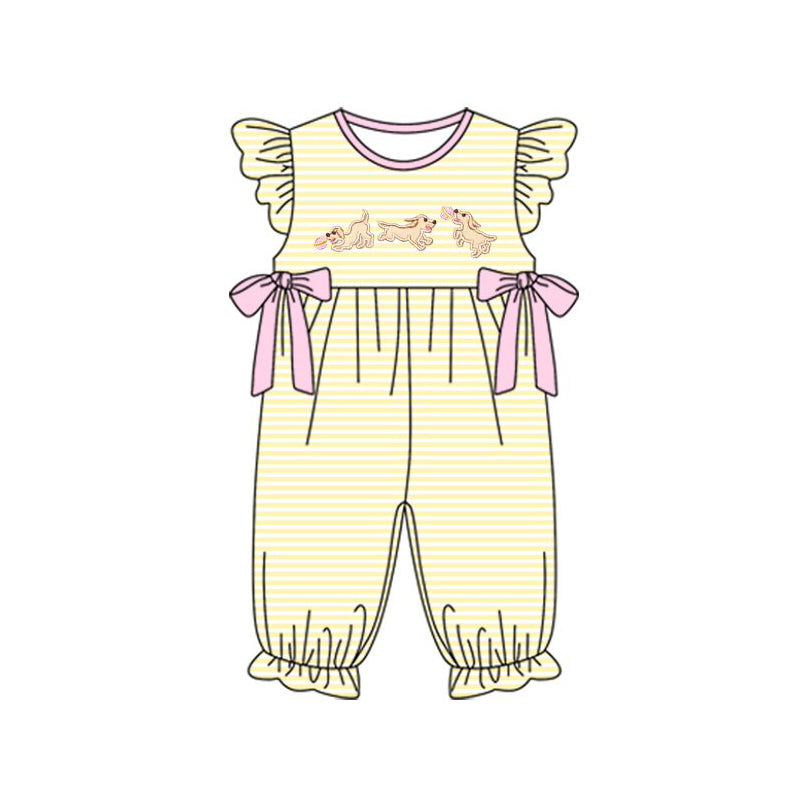 ( Moq 5 ) Preorder Baby Girls Short Sleeves Yellow Stripes Dogs Bows Romper