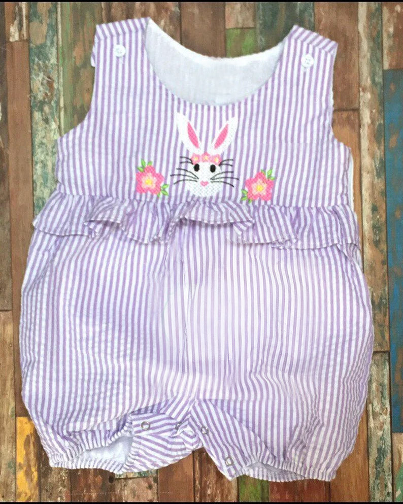 ( Moq 5 ) Preorder Baby Girls Sleeveless Flower Rabbit Purple Stripes Easter Romper