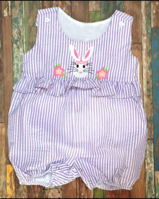 ( Moq 5 ) Preorder Baby Girls Sleeveless Flower Rabbit Purple Stripes Easter Romper
