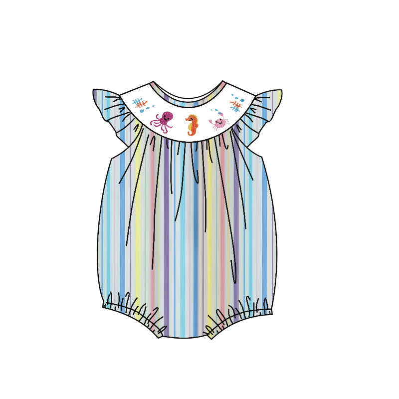 ( Moq 5 ) Preorder Baby Girls Short Sleeves Sea Animals Stripes Bubble Romper