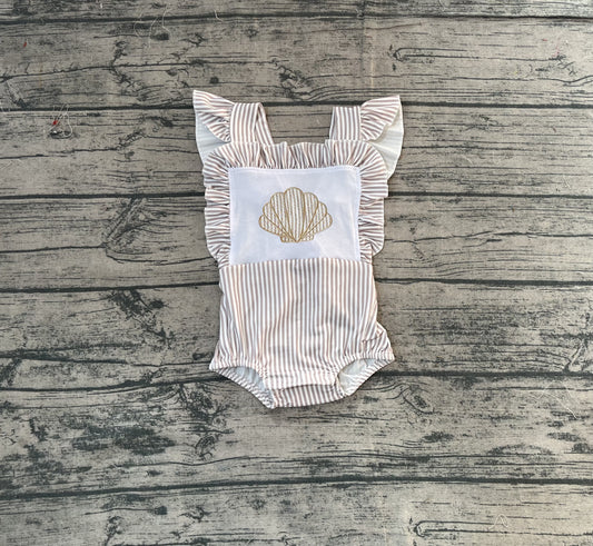 ( No moq ) Preorder Baby Girls Short Sleeves Embroidery Shell Stripes Bubble Romper