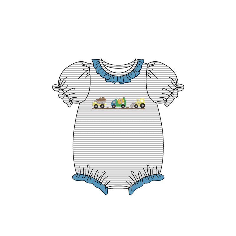( Moq 5 ) Preorder Baby Girls Short Sleeves Trucks Stripes Ruffle Bubble Romper
