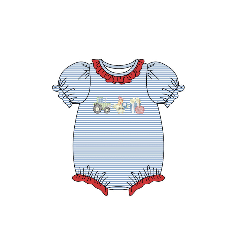 ( Moq 5 ) Preorder Baby Girls Farm Truck Chicken Stripes Ruffle Bubble Romper