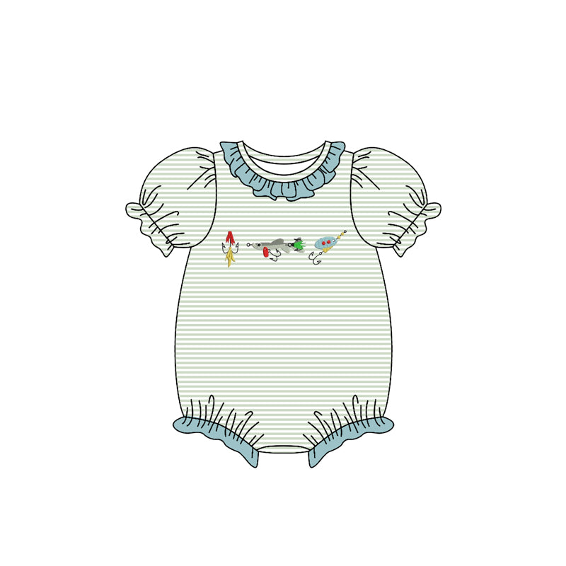 ( Moq 5 ) Preorder Baby Girls Short Sleeves Fishing Stripes Ruffle Bubble Romper