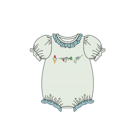 ( Moq 5 ) Preorder Baby Girls Short Sleeves Fishing Stripes Ruffle Bubble Romper