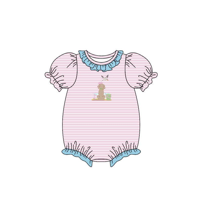 ( Moq 5 ) Preorder Baby Girls Short Sleeves Dogs Ducks Stripes Ruffle Bubble Romper