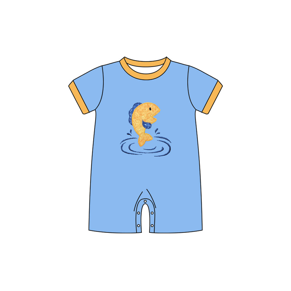 ( Moq 5 ) Preorder Baby Boys Short Sleeves Fish Buttons Blue Romper