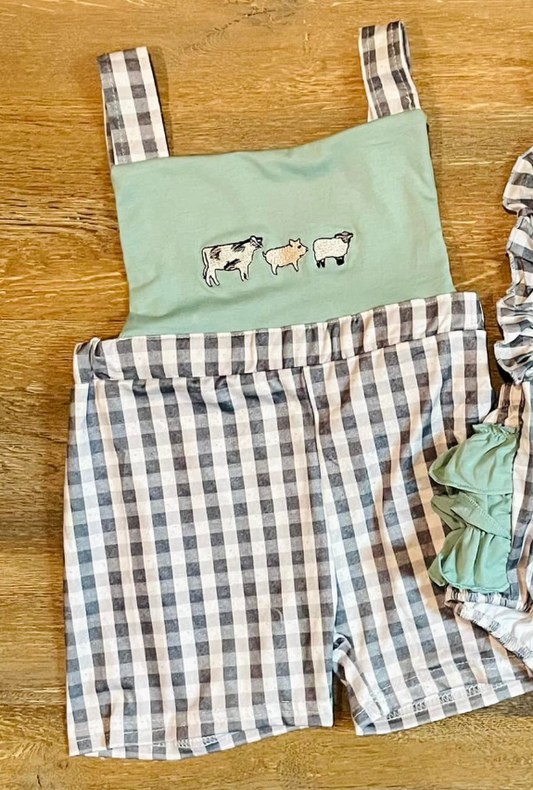 ( Moq 5 ) Preorder Baby Boys Farm Animals Plaid Shorts Summer Romper