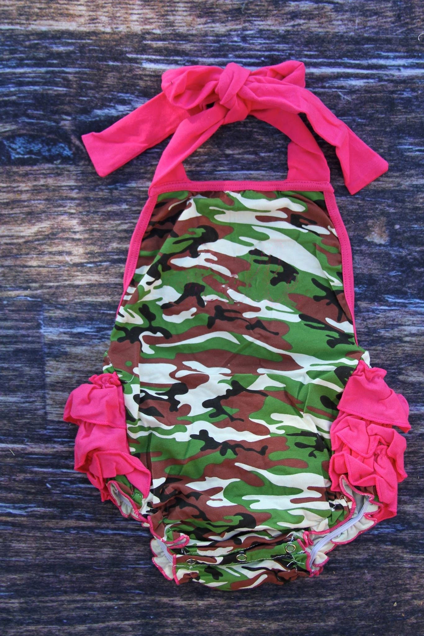 ( Moq 5 ) Preorder Baby Girls Halter Green Brown Camo Ruffle Bubble Romper