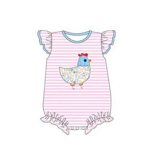 ( Moq 5 ) Preorder Baby Girls Short Sleeves Floral Chicken Pink Stripes Bubble Romper