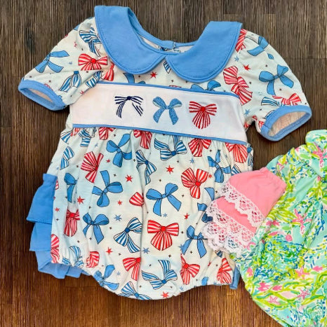 ( Moq 5 ) Preorder Baby Girls Short Sleeves Bows Stars July 4th Ruffle Bubble Romper