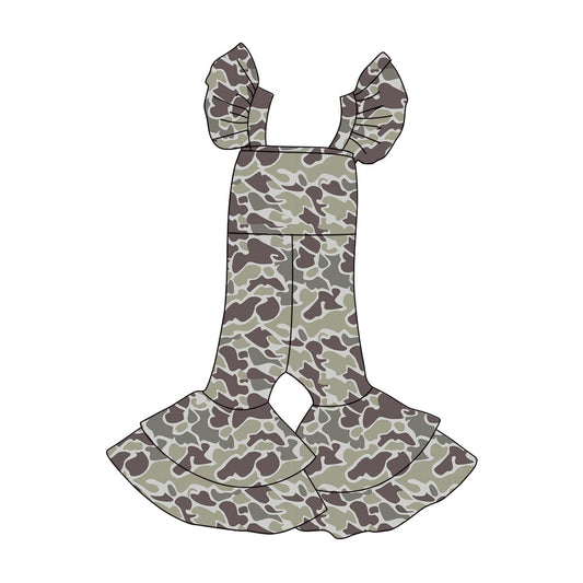 ( Moq 5 ) Preorder Baby Girls Short Sleeves Dark Grey Camo Bell Pants Jumpsuit