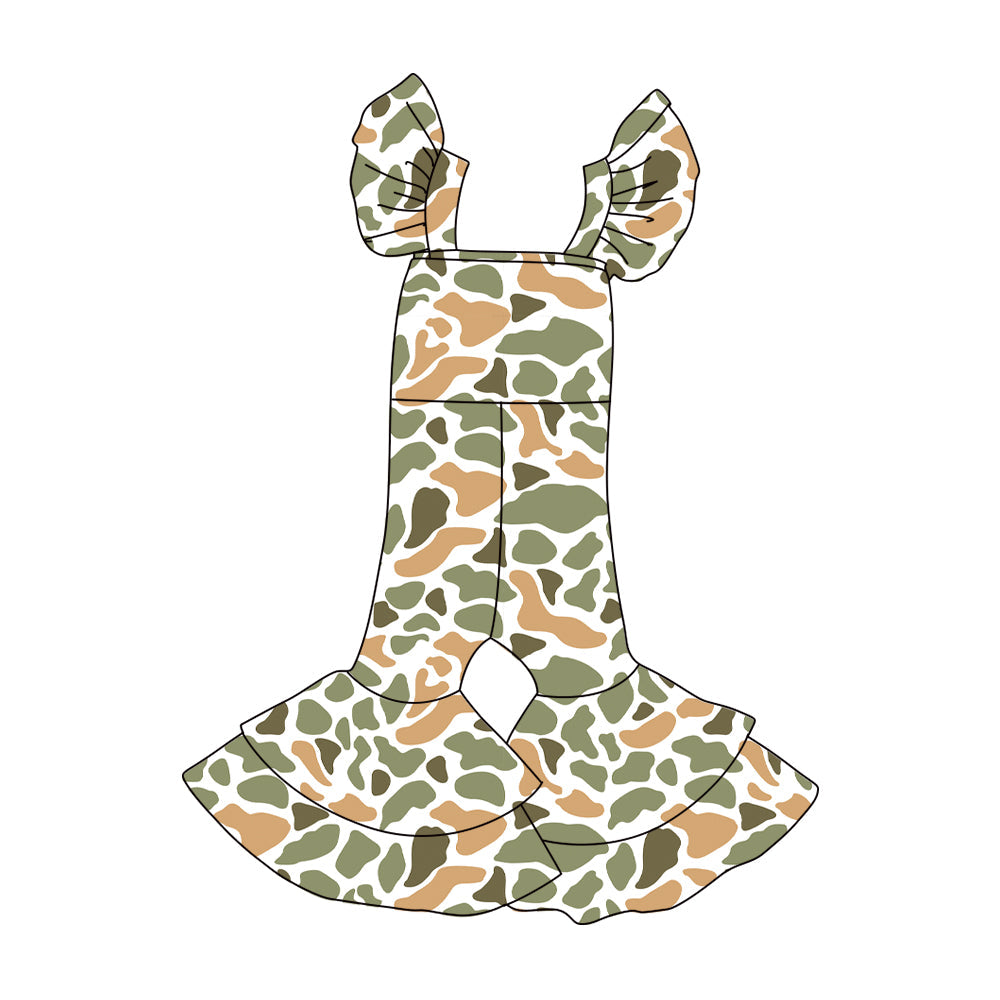 ( Moq 5 ) Preorder Baby Girls Short Sleeves Orange Green Camo Bell Pants Jumpsuit
